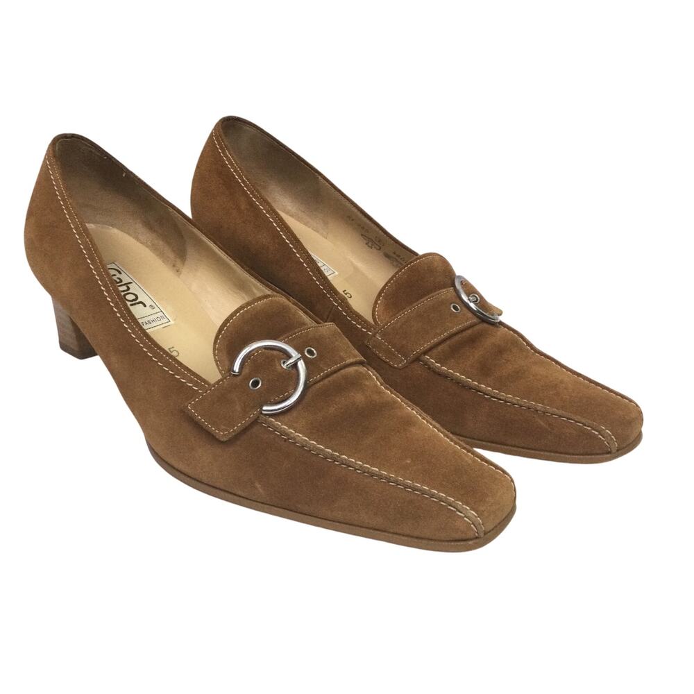 Gabor Fashion VTG Suede Leather Square Toe Stacked Heel Buckle Slip On Pump US 6